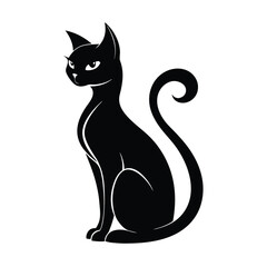 Sleek Black Cat Silhouette, Elegant Feline with Curled Tail, Minimalist Design, Isolated