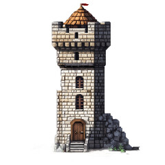 A detailed stone tower with a wooden door and a rocky base, set against a clear background