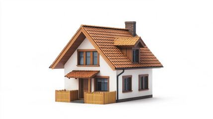 Charming small house with red roof and wooden fence on white background