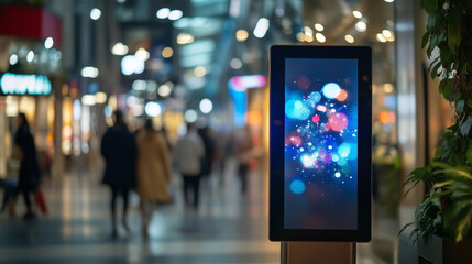 An interactive kiosk in an airport. A digital screen with customizable signage. Generative place with ai public. A digital display station lifestyle at an airport.