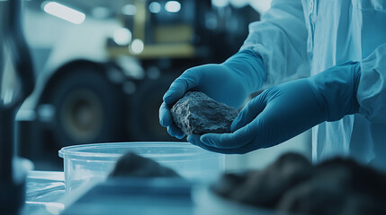 Mining crew member handling lithium ore samples for testing. Featuring resource assessment