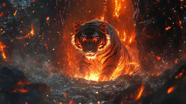 Fiery Tiger Emerging from Volcanic Inferno A Digital Art Masterpiece
