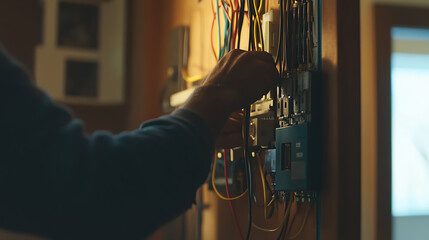 Electrician connecting wires to a circuit breaker in a home. Featuring electrical installation and safety procedures