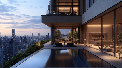 Luxury Penthouse City View at Dusk with Infinity Pool
