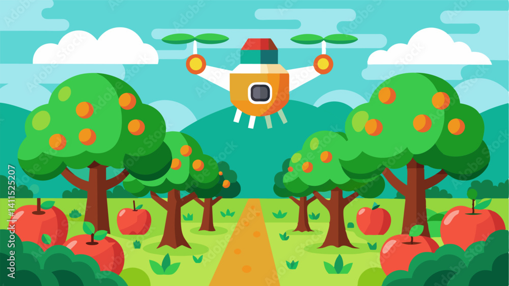 Poster in a lush orchard drones equipped with infrared cameras detect ripe apple blossoms and use ai algori