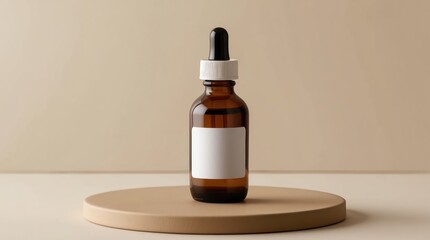 Fototapeta premium Medicine bottle with blank white label. Brown glass dropper bottle on beige round podium. Neutral background for product presentations. Health and wellness, natural medicine. Pharmaceutical packaging.