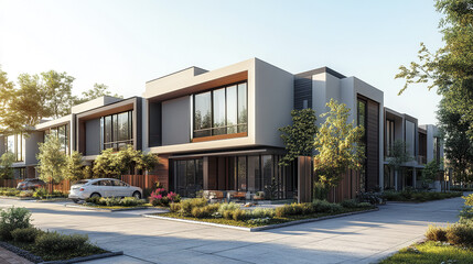 Modern rental houses with sleek design and lush landscaping