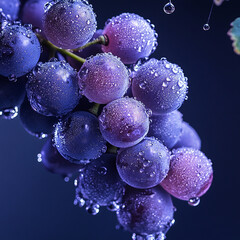 A string of purple grapes, covered in fine water droplets due to being chilled, with crystal clear water droplets and a layer of grape powder on the surface