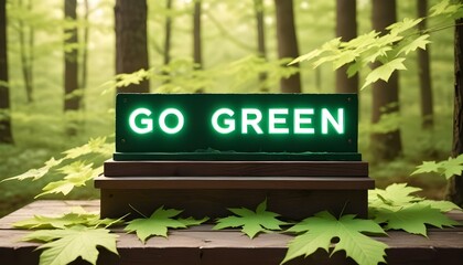 The words go green on a wooden podium with green leaves