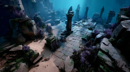 Underwater Battle Map Scene With Ruins and Stone Structures Amidst Blue Waters and Pixelated Texture