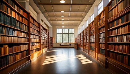 Fototapeta premium Rows of Books on Wooden Shelves, Tranquil Atmosphere