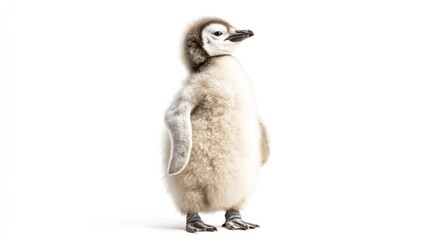A fluffy and curious young penguin bird standing on white backdrop