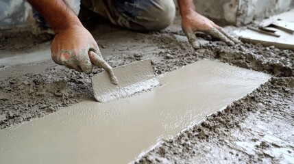 Construction worker laying foundation. Outdoor construction site