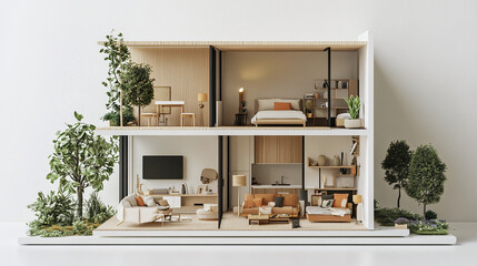 Fototapeta premium Modern two story house model with open interior design and greenery