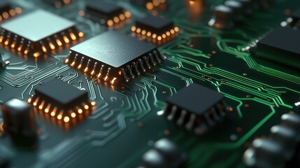 Close-up Circuit Board with Illuminated Processors