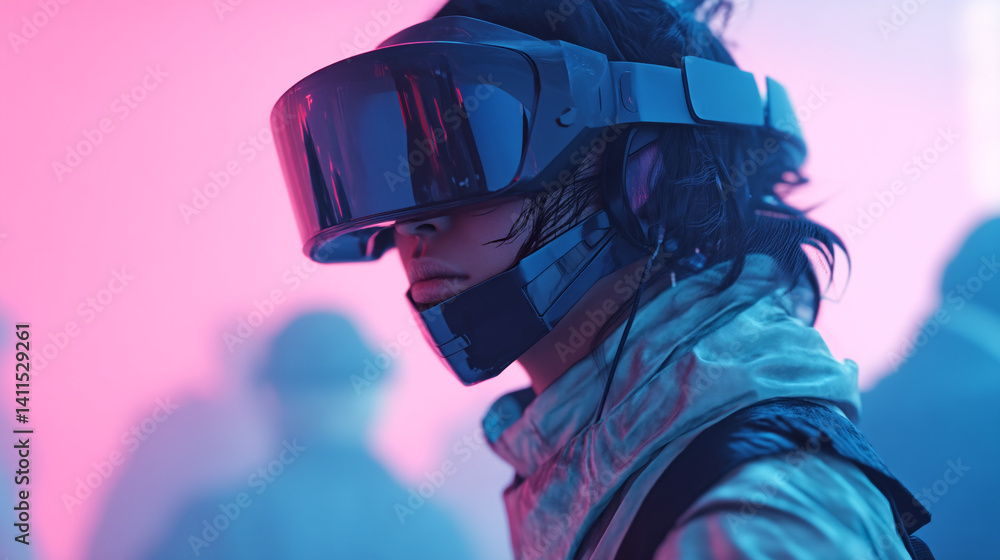 Poster exploring immersive vr gaming experience with cutting edge virtual reality headset and futuristic te