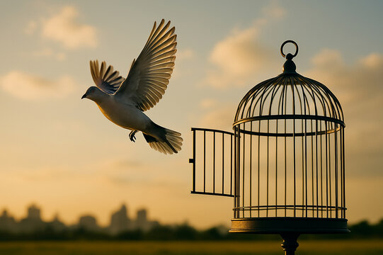 "Freedom at Sunset"
A bird flies freely from an open cage at sunset, symbolizing hope, liberation, and a fresh beginning in a peaceful evening sky.