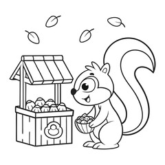 Cute Cartoon Squirrel Gathering Acorns Near Basket in Autumn Setting