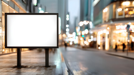 Empty Billboards on a City Street at Dusk with Blurred Background of Shops and Lights Perfect for Advertising Campaigns and Marketing Visuals