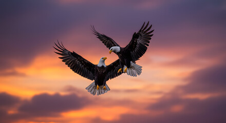 Obraz premium Eagles Soaring in a Sunset Sky with Dramatic Colors