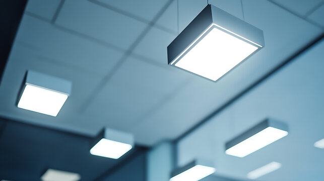 Electrician installing lighting fixtures in a modern office. Featuring lighting installation and office design