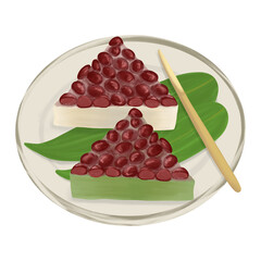 6月の夏越の祓の時に食べる暑気払いの和菓子、皿に盛られた小豆たっぷりの水無月（白と抹茶）のイラスト