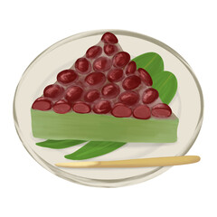 6月の夏越の祓の時に食べる暑気払いの和菓子、皿に盛られた小豆たっぷりの水無月（抹茶）のイラスト