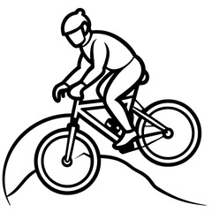Obraz premium Line art vector silhouette of a mountain biker riding on rough terrain