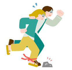 二人三脚中に石につまずいて焦る男女