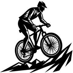 Naklejka premium Line art vector silhouette of a mountain biker riding on rough terrain