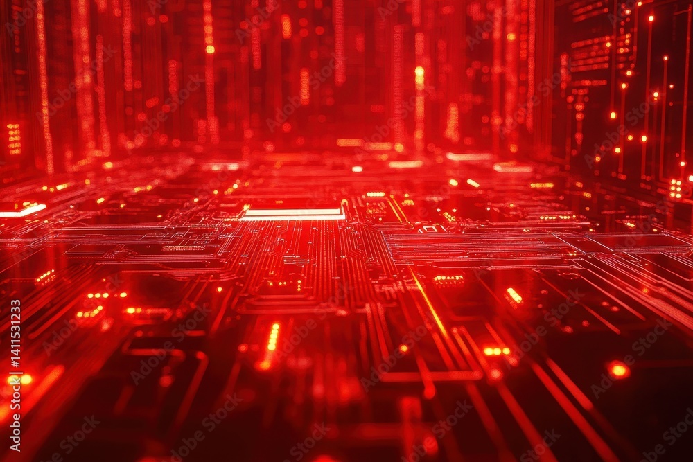 Poster close-up of a red, glowing circuit board with intricate lines. ideal for illustrating data, tech, or