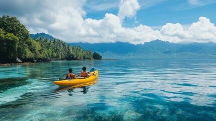 Two people in canoe on the ocean. Crystal clear image of png. Pond and a stream in the water are a popular outdoor recreation. A pair of individuals in a kayak on the lifestyle sea.
