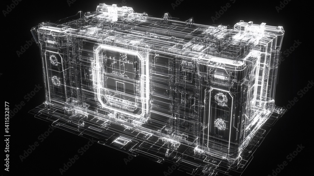 Poster sci-fi crate wireframe on black background for technology and gaming use