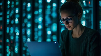Woman in server room. Computer engineer examining data on a laptop in a room. Big digital data center with a digital data. Female in lifestyle a server room.