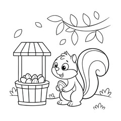 Cute Cartoon Squirrel Gathering Acorns Near Basket in Autumn Setting