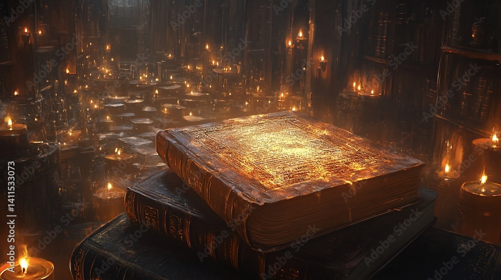 Poster ancient library with glowing books and candle lights creating a mysterious atmosphere
