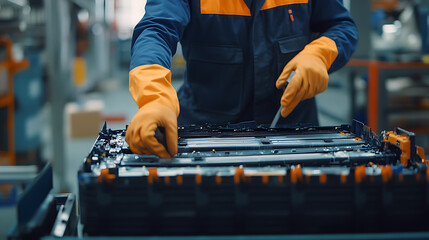 Recycling technician handling used lithium battery components. Featuring sustainability efforts