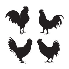 Silhouette of Rooster and chicken hen vector icon set illustration on white background.