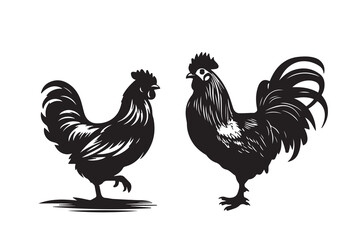 Silhouette of Rooster and chicken hen vector icon set illustration on white background.