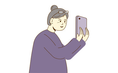 Elderly woman smiling while holding a smartphone, flat style, isolated white background, concept of senior technology use. Vector illustration.