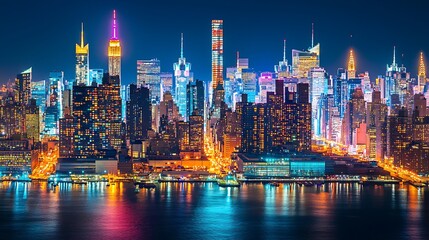 Vibrant nighttime cityscape skyline panorama reflecting on water.