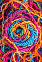 A vibrant, chaotic tangle of colorful crochet threads and yarns wound onto a bobina, colorful texture, craft