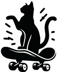 Black cat silhouette, skateboard, dynamic pose, urban art style, contrasting white background, minimalist design, street culture, feline agility, motion lines, playful concept, vector graphic aestheti