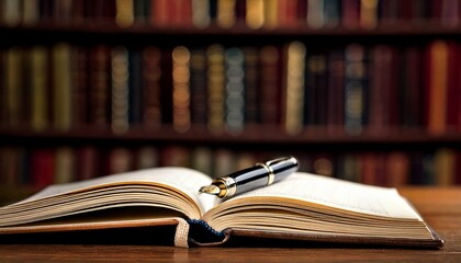 Fototapeta premium Pen and Journalism Notes with Soft Light and Bookshelves
