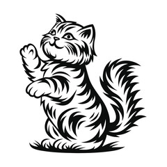 Playful Black & White Cat Standing Silhouette with Raised Paw on a White Background