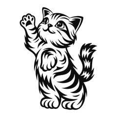 Monochrome Upright Cat Pawing, Striped Fur, Adorable Eyes, Cute Kitten, Whiskers