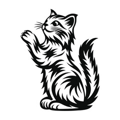 Playful Black and White Cat Illustration, Cute Silhouette, Sitting Upright with Paws Raised