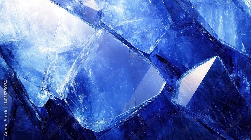 Poster close-up shows glossy, sharp, deep blue crystal clusters and pointed edges. use it for backgrounds, 