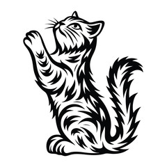 Tribal Cat Silhouette Abstract Feline Design, Decorative Animal, Black and White Art