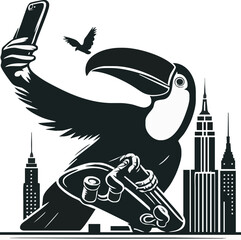 Stylized toucan silhouette, Art deco design, Geometric shapes, New York City skyline, Empire State Building, Chrysler Building, Flying bat, Black and white illustration, Contrast artwork, Urban jungle
